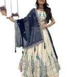 Women's Embroidered Vichitra Silk Lehenga Choli Dupatta Set Semi-Stitched Blouse and Fit & Flare Style