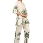 Women's Beige Tropical Palm Print Co-ord Set, Tunic Top with Pants (L)