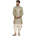 Men's Kurta Sherwani Set Indo-Western Silk Blend, Geometric Design, Full Sleaves, Knee Length, Straight, Regular Fit, Mandarin Collar Ethnic Wear