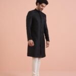 Men Black Jacquard Indowestern Sherwani Sherwani Churidar Set with Ethnic Motifs