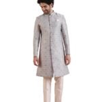 Men Grey Jacquard Indowestern Sherwani Trouser Set with Geometric