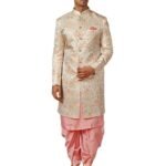 Men's Kurta Indo-Western Sherwani Churidar Set, Pesta Green Silk Blend, Jacquard Regular Fit Mandarin Collar Long Sleeves