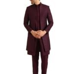 Men's Indo-Western Waistcoat Sherwani Trouser Set, Wine Blended, Embellished Regular Fit Mandarin Collar Long Sleeves