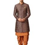 Men's Kurta Indo-Western Sherwani Dhoti Set, Maroon Jacquard, Woven Regular Fit Mandarin Collar Long Sleeves