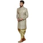 Men's Indo-Western Sherwani Dhoti Set, Olive Silk Blend, Jacquard Regular Fit Mandarin Collar Long Sleeves