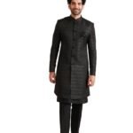 Mens Indo-Western Sherwani Trouser Set|Silk Blend Fabric Self Design Pattern Mens Sherwani Set|Regular Fit Mandarin Collar Long Sleeves