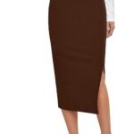 Women's Elastic Waist Pencil Bodycon Midi Skirt - High Waisted with Side Slit Below Knee Length Elegance for Women