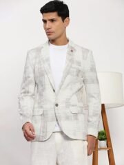 Men's Off White Printed Single-Breasted Blazer-LBR-2468_OffWhite - Image 2
