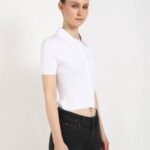 Striped Women Polo Neck White T-Shirt