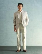 MenSlim fit Polyester Self-Design Single-breastedNotch Lapel Collar Blazer(ARADOBZ0020_Beige_44) - Image 3