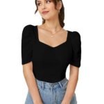 Women's Sweet Heart Neck Balloon/Puff Bishop Sleeve Elegant Casual Tee Top, 23" inches (BZF-Top Mantos-01)