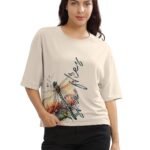 Women's Beige Printed Loose Fit Crew-Neck Crop T-Shirt