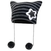 Winter Cap for Women, Cat Beanie, Striped Knit Hat for Teens and Young Women, Soft and Warm Hats, Perfect, Outdoor Adventures and Travel Black