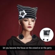 Winter Cap for Women, Cat Beanie, Striped Knit Hat for Teens and Young Women, Soft and Warm Hats, Perfect, Outdoor Adventures and Travel Black - Image 2