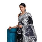 Women's Tarquoise Blue Creap Saree Without Border With Printed Blouse