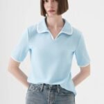 Solid Women Polo Neck Blue T-Shirt
