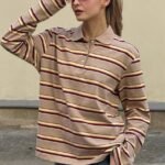 Striped Women Polo Neck Beige T-Shirt