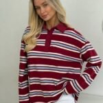 Striped Women Polo Neck Maroon T-Shirt