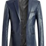 Men's Casual Notched Collar 2 Button Slim Moto Faux Leather Blazer Suit Jacket Navy Blue