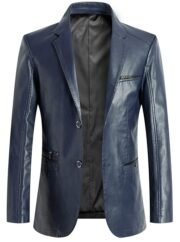 Men's Casual Notched Collar 2 Button Slim Moto Faux Leather Blazer Suit Jacket Navy Blue