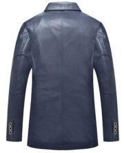 Men's Casual Notched Collar 2 Button Slim Moto Faux Leather Blazer Suit Jacket Navy Blue - Image 2