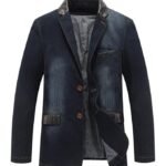 Man's Sports Notched Collar 2 Button Slim Distressed Denim Blazer Jacket Leather Trim |Dark Blue |S