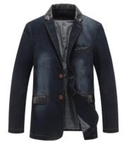Man's Sports Notched Collar 2 Button Slim Distressed Denim Blazer Jacket Leather Trim |Dark Blue |S