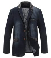 Man's Sports Notched Collar 2 Button Slim Distressed Denim Blazer Jacket Leather Trim |Dark Blue |S - Image 2