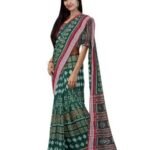 Women's Sambalpuri cotton saree, Deer and tree design in green color base with red color boarder