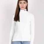 Striped Women Turtle Neck White T-Shirt