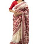 Women's Beige Colour Pure Tussar Silk Hand Embroidered Red Floral Motif Kantha Stitch Saree From Bengal