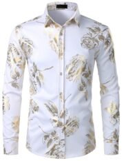Men's Geek Rose Gold Shiny Flowered Printed Stylish Slim Fit Long Sleeve Button Down Shirt