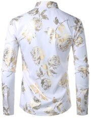 Men's Geek Rose Gold Shiny Flowered Printed Stylish Slim Fit Long Sleeve Button Down Shirt - Image 2
