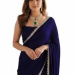 Women's Ready To Wear Navy Blue Georgette One Minute Readymade Stitched Saree Scalloped Border With Unstitched Blouse