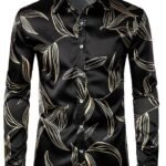 Men's Hipster Design Silk Like Satin Button Up Dress Shirt for Party Prom ZLCL31-108-Black XX-Large