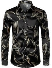 Men's Hipster Design Silk Like Satin Button Up Dress Shirt for Party Prom ZLCL31-108-Black XX-Large
