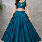 Women's Blue Lehenga Choli Set, Two-Piece Crop Top and Skirt, Golden Embellished Border, Traditional Indian Ethnic Wear