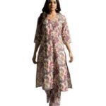Women's Cotton Blend Printed Kurta with Trousers Set | V-Neck 3/4 Sleeve Ethnic Co-ord Set for Women | Abstract Geometric Print Straight Kurti Set