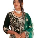 Women's Green & Black Embroidered Lehenga Set | Net Silk & Velvet | Sequin Work | Free Size | 42-Inch Flared Skirt with 7-Inch Border | 18-Inch Top Length | 228 cm Dupatta