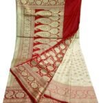 Banarasi Katan Silk Saree With All Over Golden Zari Border - White Red