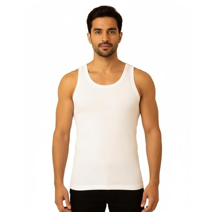 Premium Cotton Vest for Men | Soft Baniyan Round Neck Ribbed Innerwear | Slim Fit, Skin-Friendly, Sweat-Absorbing, Quick-Dry & Breathable | Durable Everyday Casual Wear | White