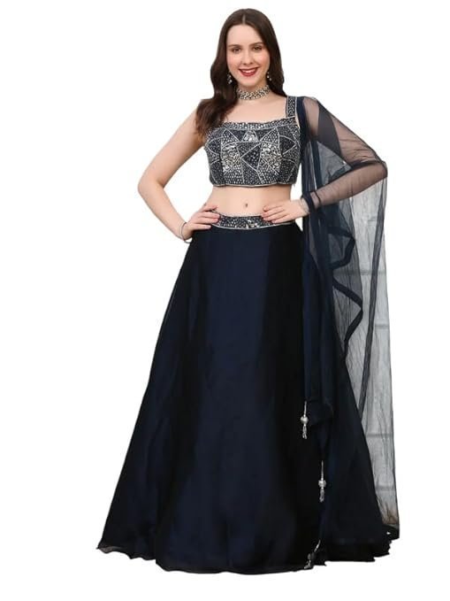 Women's Deep Teal Blue Lehenga Set for Women | Crepe Tissue Flared Skirt with Can-Can, Sequin & Cut Dana Embroidered Blouse, and Dupatta | Elegant Party & Festive Ensemble