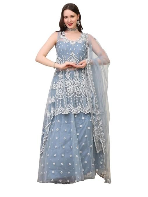 Women's Icy Blue Fishtail Lehenga Set for Women | Tissue Net Flared Skirt with Can-Can, Pearl & Zircon Embellished High-Low Top and Dupatta | Elegant Party & Festive...