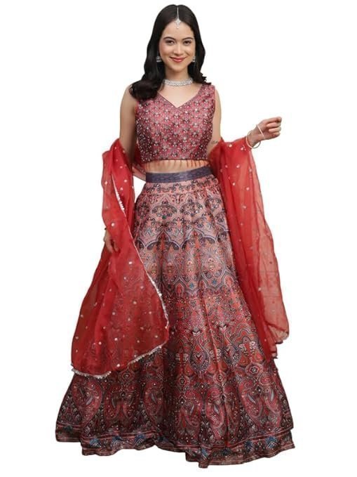 Women | Silk Stitched Skirt with Embroidered Crop Top & Organza Dupatta | Pearl & Sequin Work | Festive & Wedding Ready Ensemble