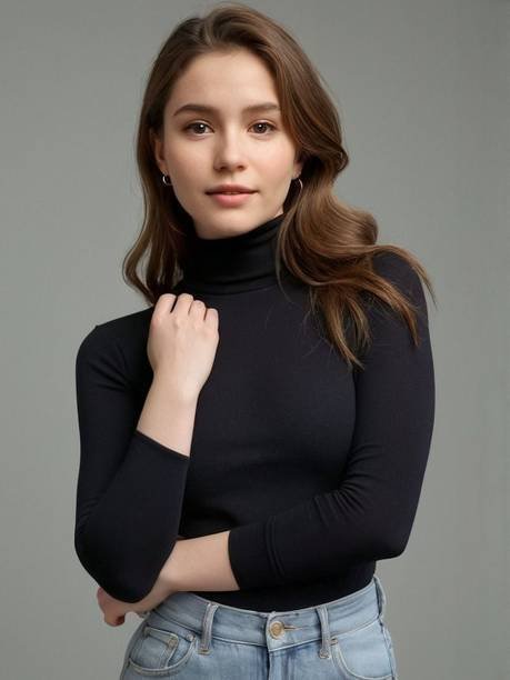 Solid Women Turtle Neck Black T-Shirt