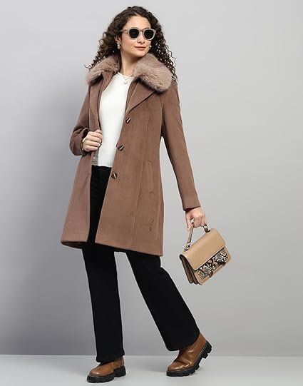 Womens Regular Fit Solid Collar Neck Button Closure Winter Coat| Warm Woolen Overcoat for Ladies | Stylish Long Sleeve Buttoned Jacket - Image 4