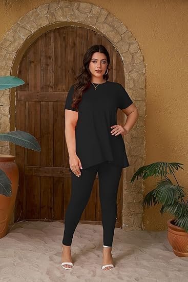 Women Plus Size 2 Piece Outfit Short Sleeve Top and Leggings Lounge Set Tracksuit - Image 3