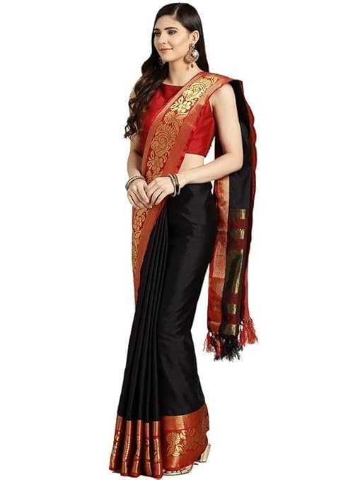 Women's Fashion Cotton Patola Printed Saree with Unstitched Blouse Piece, Black