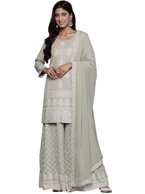 Womens Self Design Georgette Straight Kurta With Palazzos and Dupatta