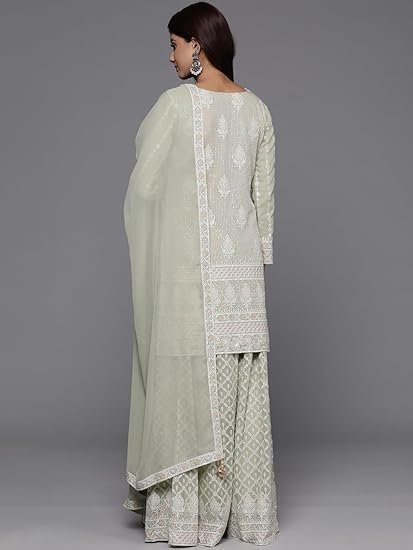 Womens Self Design Georgette Straight Kurta With Palazzos and Dupatta - Image 3